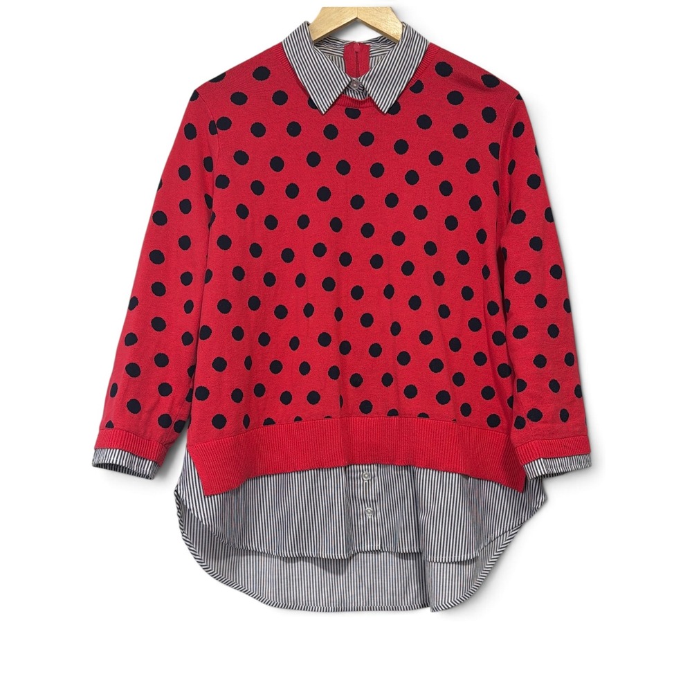 Crown & Ivy Petite XL Red Polka Dot Layered Look Sweater Striped Trim PXL